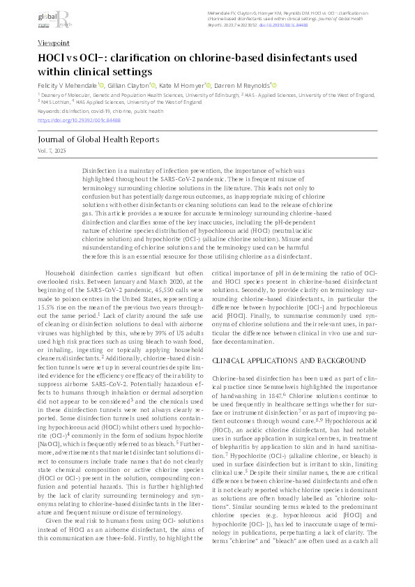 HOCl vs OCl−: clarification on chlorine-based disinfectants used within clinical settings Thumbnail