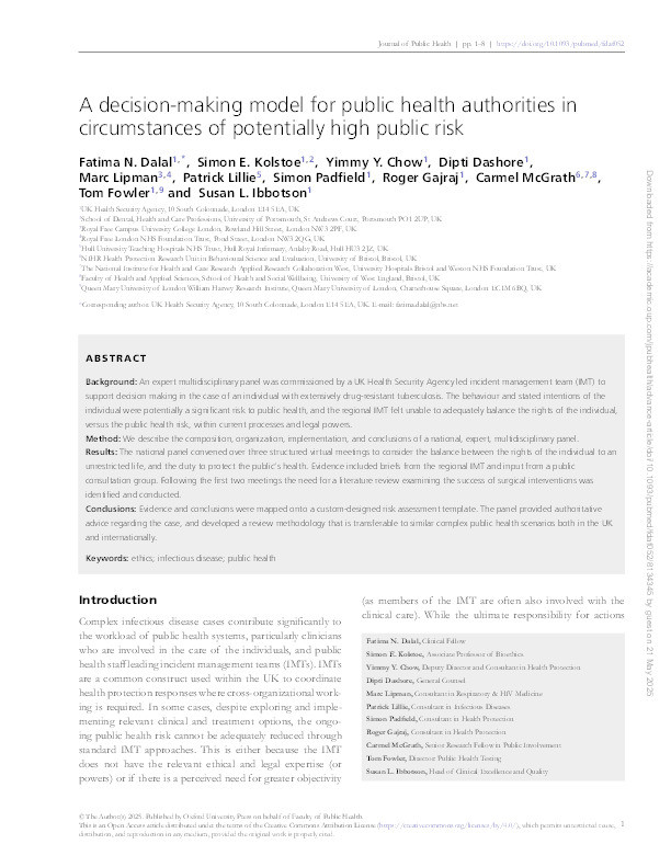 A decision-making model for public health authorities in circumstances of potentially high public risk Thumbnail